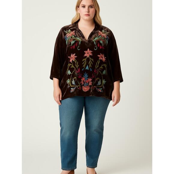Johnny Was Tops - Johnny Was Velvet Pop Over Silk-Blend Shirt Brown XL Boho Embroidered Floral